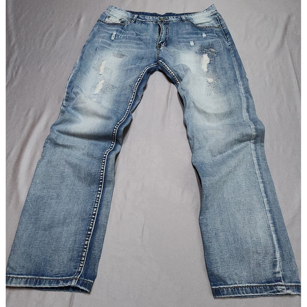 Diesel Industry Denim Division Distressed Repaired Light Wash Straight Jeans